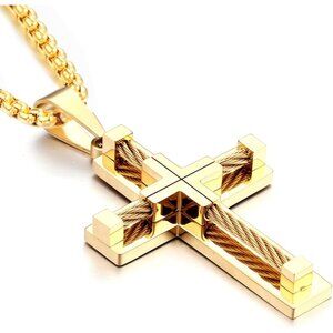 Men's 2.44 Inches Stainless Steel Cross Jesus Christ Rolo Chain Necklace